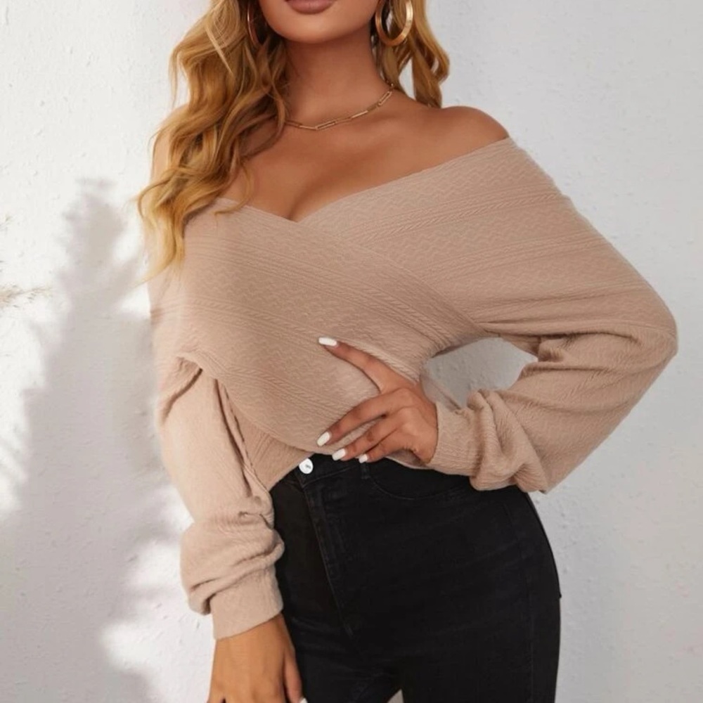 SHEIN Tan Off Shoulder Surplice Textured Knit Sweater Top Medium